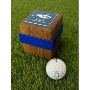 Tee Marker aus robustem Holz mit Logoplatte und Alu-Schiene